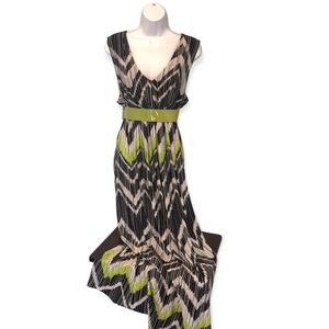 Laura Ashley Neon Green Black White Long Dress V Neck Stretchy Polyester/Spandex